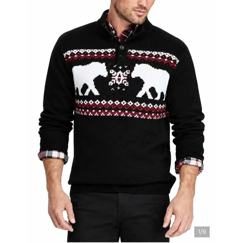 Chaps Mens L Navy Blue Polar Bear Fair Isle 100% Cotton Mock Neck Sweater